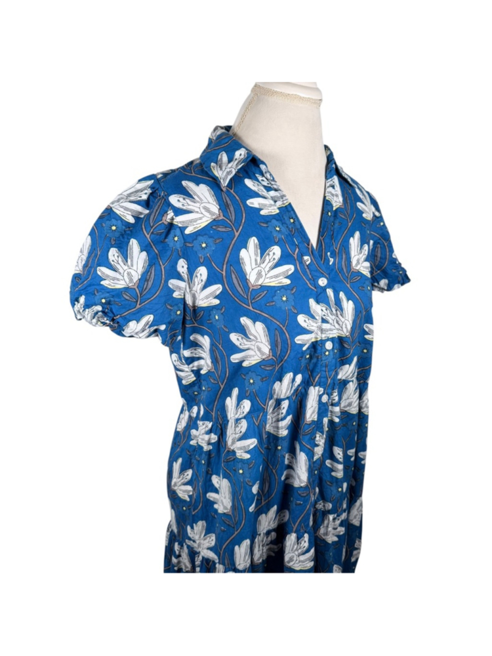 House of Binkie Blue White Floral Midi Dress 100% Cotton Cottage Beach Size M - Picture 4 of 11